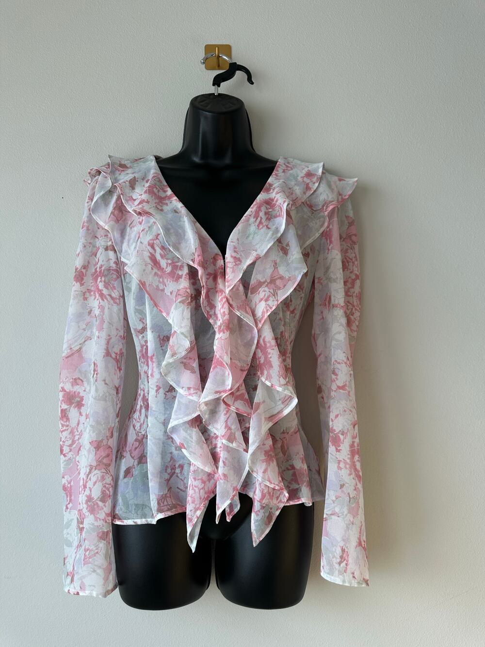 Pink & White Floral Ruffle Blouse Sheer Long Sleeve Romantic Cottagecore Top S